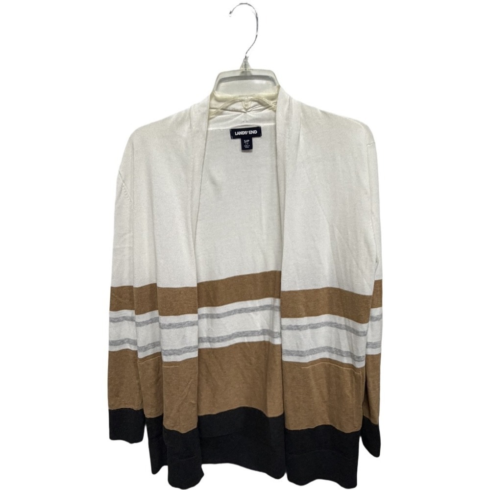 Land's End 100% Cotton Open Front Striped Cardigan Size Small White Minimalist